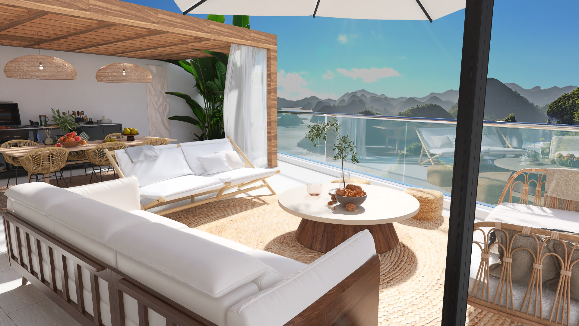 Render 3D de terraza con pérgola de madera, salón exterior y vistas al mar y la montaña