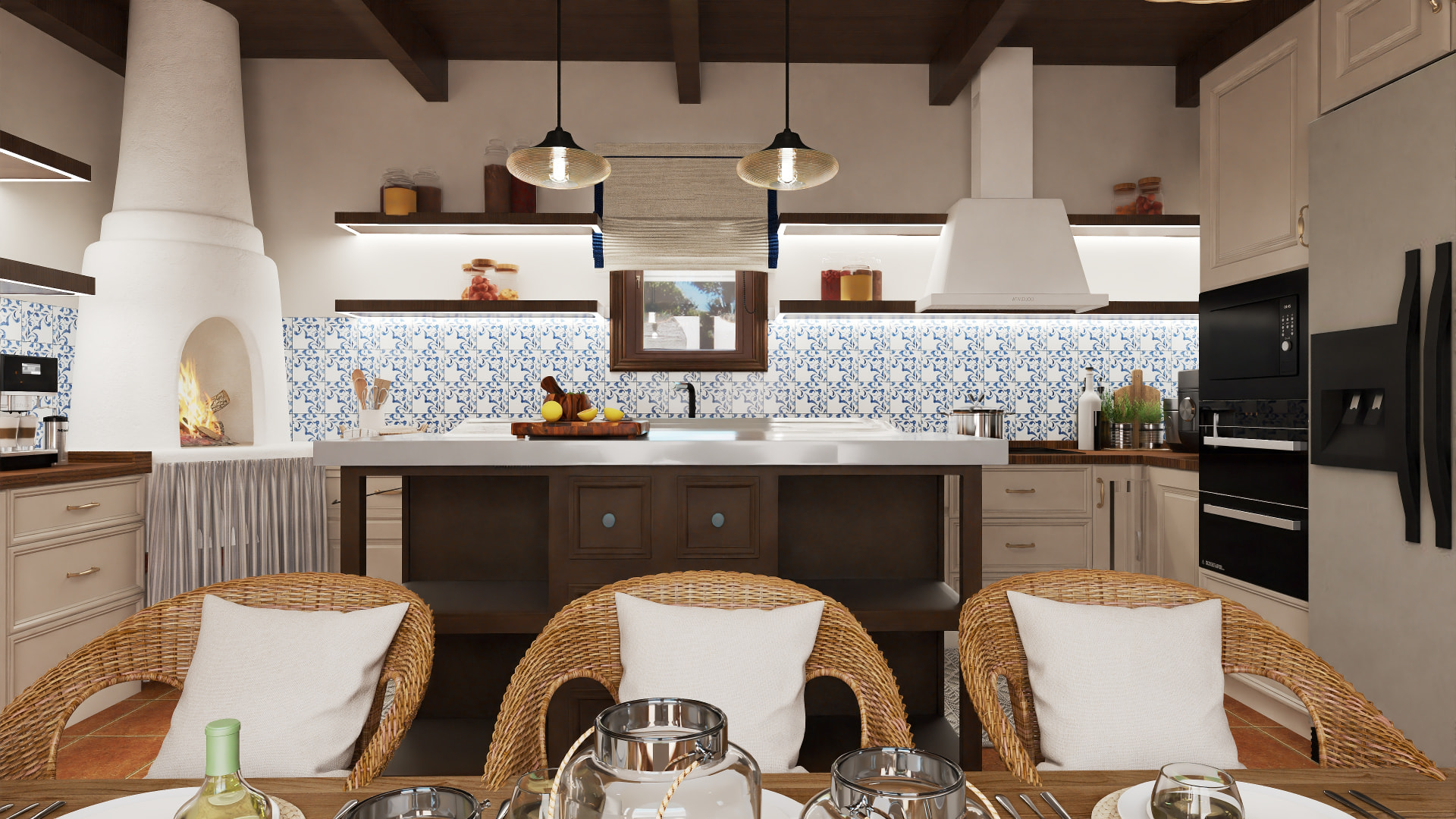 Render 3D de cocina de estilo canario con horno de leña, azulejo azul y blanco, isla de madera y sillas de mimbre