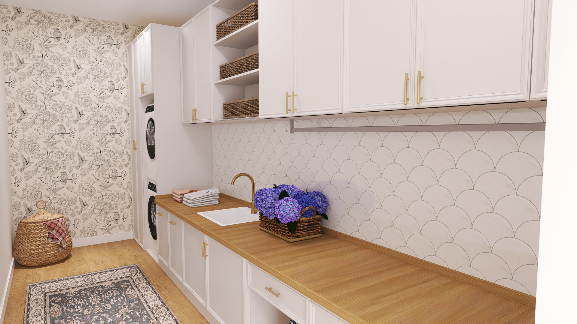 Render 3D de lavadero con muebles blancos, tiradores dorados y azulejo escalera
