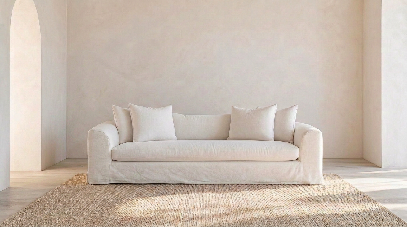 Weißes Leinensofa mit passenden Kissen in einem minimalistischen Wohnzimmer mit hellen Wänden, Innenarchitektur von Coconut Interior Design auf Teneriffa